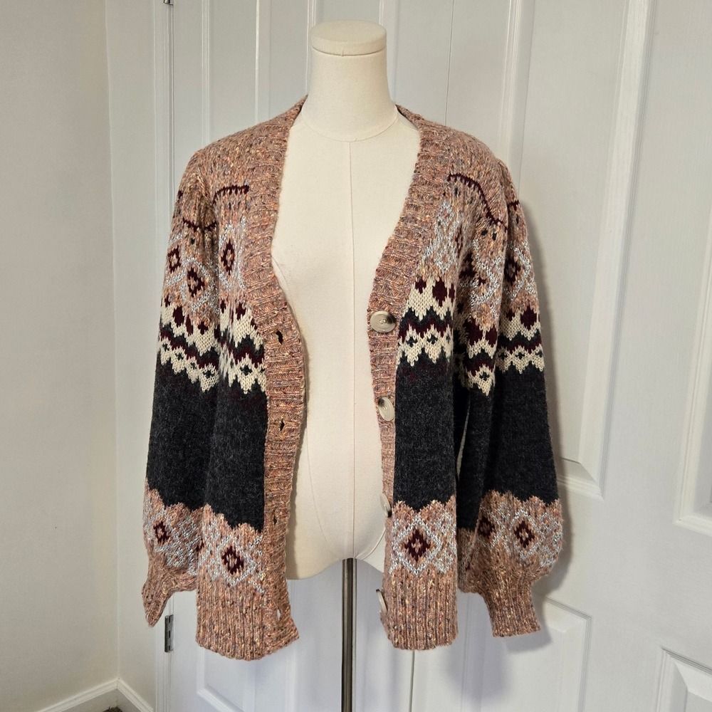 Entro Fair Isle Cardigan Women Large Pink Charcoal Metallic Oversized NWT J15146